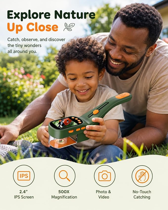 Ashfly Bug Catcher Kit for Kids, Handheld Microscope for Kids with Screen | No-touch catching with clear chamber, manual focus, photo/video and USB-C PC viewing for close-up insect observation