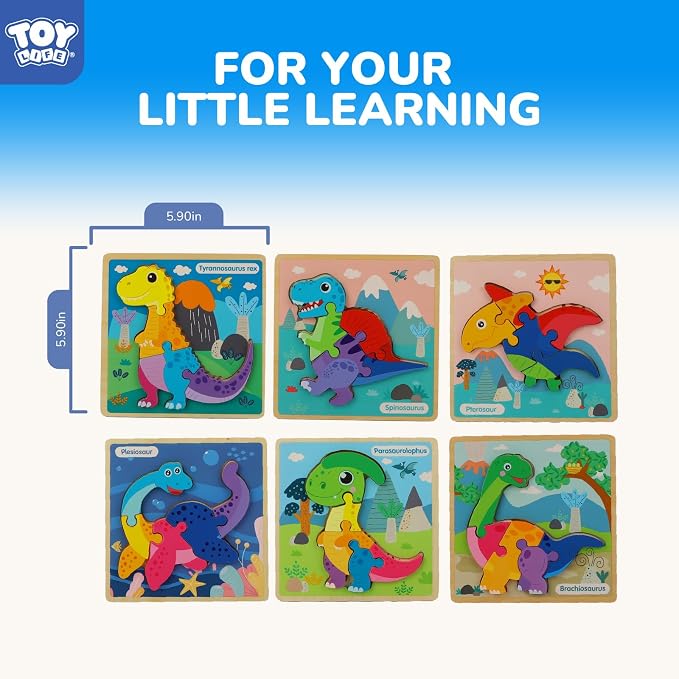 TOY Life 6-Pack Wooden Dinosaur Puzzles for Kids Ages 3-5 | Six colorful designs, easy-grip pieces, fine-motor practice, quiet travel activity, birthday gift