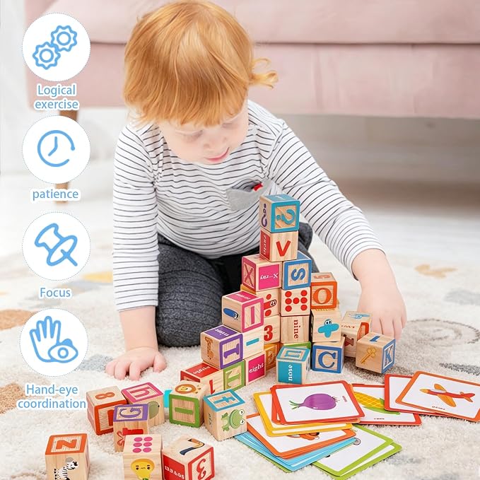 ABC Wooden Building Blocks for Toddlers, Montessori Alphabet & Number Learning Toy for Kid, 36 PCS Preschool Stacking Blocks with Matching Cards for Spelling, Counting, Sorting, Fine Motor Skills