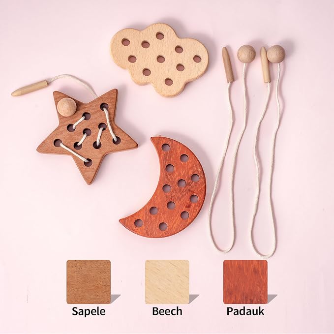 3 Pack Wooden Lacing Threading Toys for Toddlers 1-3 Solid Wood Threading Activity Puzzles, Moon/Stars/Cloud Quiet Toddler Toys for Airplane Travel Fine Motor Skills Sensory Toys