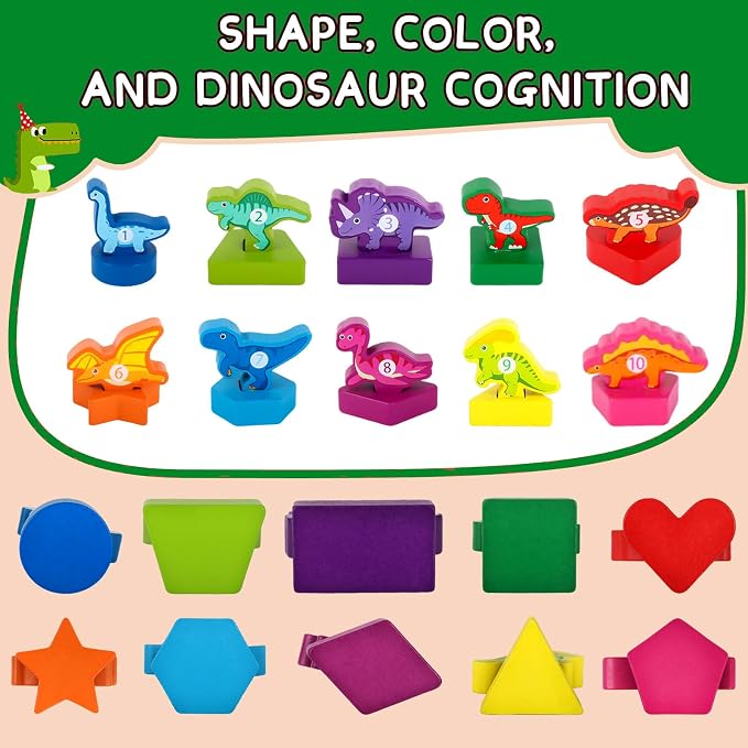 Scuwtocn Dinosaur Shape Puzzle Wooden Montessori Toys for 2 Years Old | Educational Learning Toy for Toddlers 1-3 Years, Color Recognition Wooden Blocks with Numbers