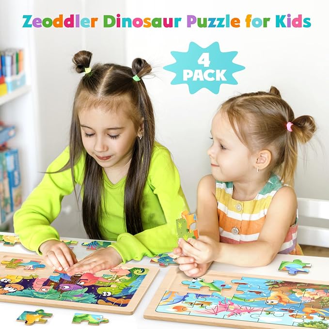 Zeoddler Wooden Puzzles for Kids 3-5, 4 Pack Dinosaur Jigsaw Puzzles for Toddlers, 20 Pieces Preschool Learning Activities, Learning & Educational Puzzles, Gift for Boys, Girls