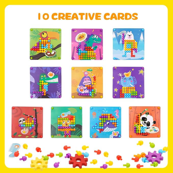 Button Art Toy for Toddlers Wooden Mosaic Pegboard Toy Color Matching Toy Fine Motor Skill with Box 180 Buttons 10 Pictures Montessori Early Development Toy for Toddlers Boys Girls 1 2 3 4 5 6