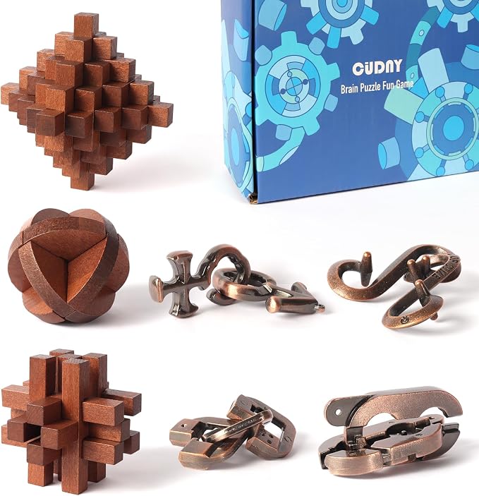 CUDNY 7 Pieces Unlock Interlock Brain Teaser Games Retro Wooden and Metal Puzzles IQ Logic Fun Puzzles