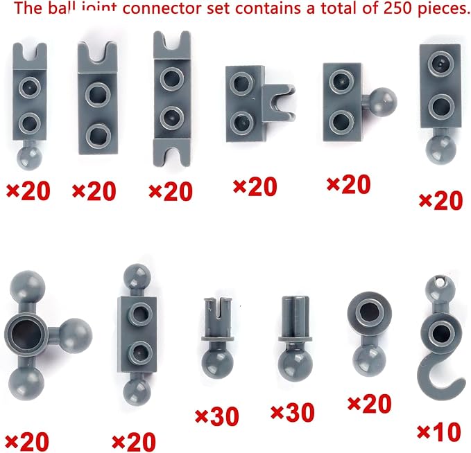 Connector Ball Joints Socket Plate - 250pcs Bricks Bulk Parts and Pieces, 1x1 1x2 Tow Ball and Ball Socket Building Block Dark Gray