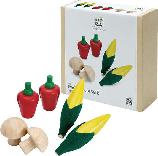 PlanToys® Wooden Fresh Produce Corn, Mushrooms & Bell Peppers Kids Play Set | slicing, knife, fruits and vegetables toys, pretend food, girls, boys, fine motor role imaginative social gift preschool