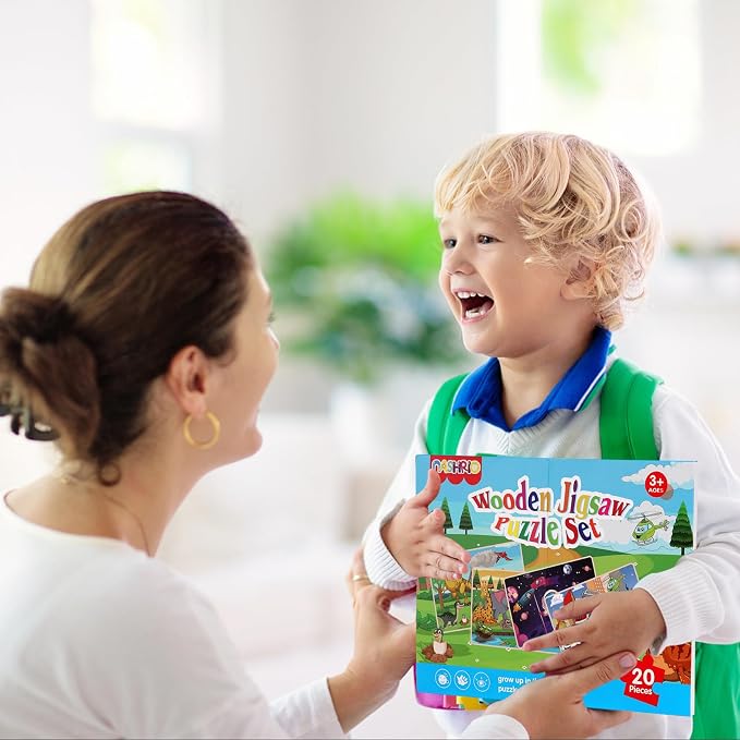 Wooden Puzzles Toys for Kids Ages 3-5, Set of 4 Packs Dinosaur, Space, Transportation Wood Puzzles, Preschool Brain Teaser Toys for Boys and Girls 3 4 5 6 Years Old