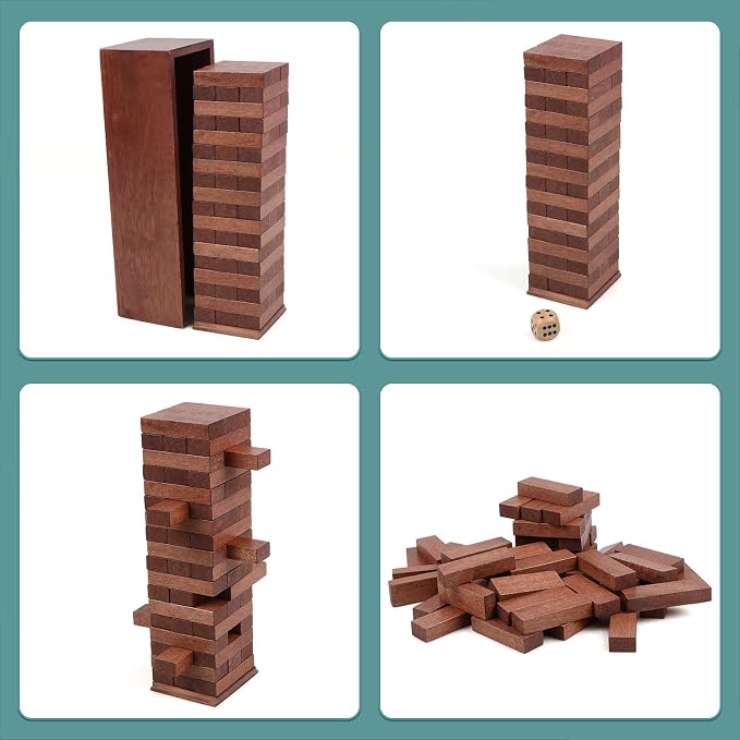54PCS Tumbling Tower Game Wooden Blocks Stacking Game for Kids Adult Family | Canuan Wooden Tumbling Tower for Party Camping, Classic Stacking Blocks Wooden Board Tabletop Games with Storage Box Dices