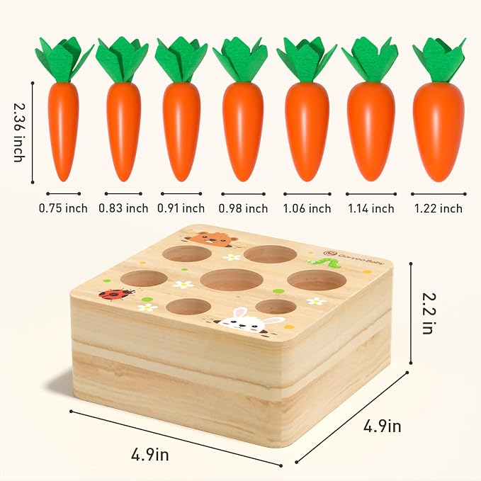 Wooden Carrot Harvest Montessori Toy for Toddlers 1-3, Shape Sorter Sensory Learning Toy for 1 2 3 Year Old, Fine Motor Skills Size Matching Educational Toy for Boys Girls, Birthday Gift