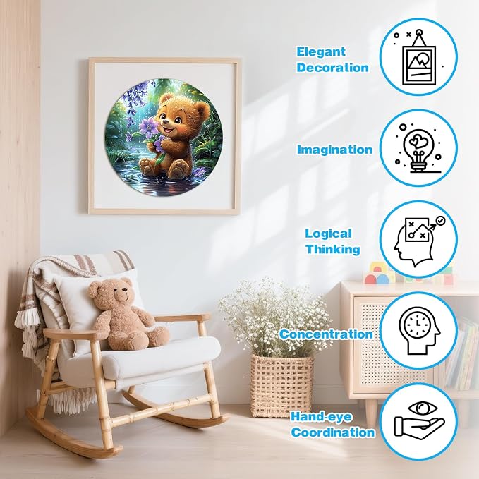 Animal Wooden Puzzles for Kids - Bear with Blooms | 50 Piece Puzzles for Kids Ages 6-8, Kids Puzzles with Unique Animal Shapes, Round Gift for Girls and Boys (11.4 * 11.4 in)