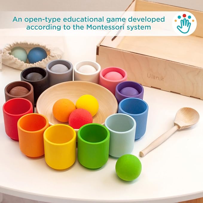 Ulanik Balls in Cups Full Set Montessori Toys for 1 Year Old | Open-ended wooden sorting set; 12 clear colors; tray and bag for easy storage