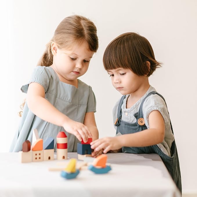 PlanToys® Marina Blocks Wooden Montessori Building & Creative Kids Play Set | shapes, boats, construction toys, sorting & stacking toys, girls, boys, spatial STEM fine motor imaginative gift preschool