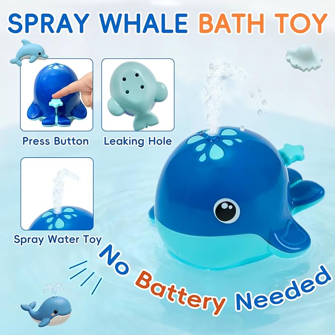 11 PCS Baby Bath Toys for Kids Ages 1-3, Open Design Easy-Clean Bathtub Pool Water Table Toys for Toddlers and Babies, Whale Sprayer, Stacking Cups & Watering Can Gifts for Boys & Girls