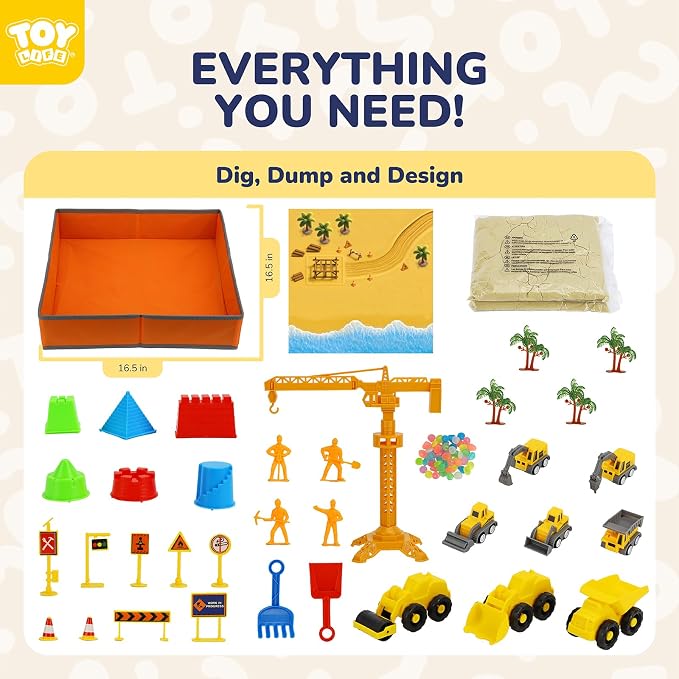 TOY Life 38-Piece Construction Sand Kit with Foldable Sandbox, Ages 3+ | 2.25 lb moldable material, 8 vehicles, crane, 6 molds, traffic signs, glow stones