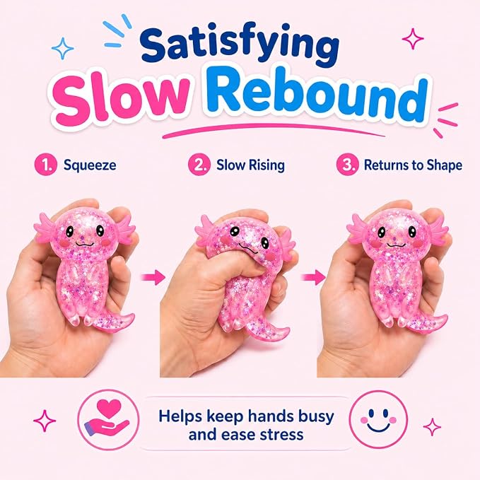 Axolotl Squishy Stress Ball, Soft TPR Slow Rising Squeeze Toy, Cute Axolotl Fidget Toy for Stress Relief, Anxiety Calming Sensory Toy for Kids Adults(Pink Long Tail Axolotl)