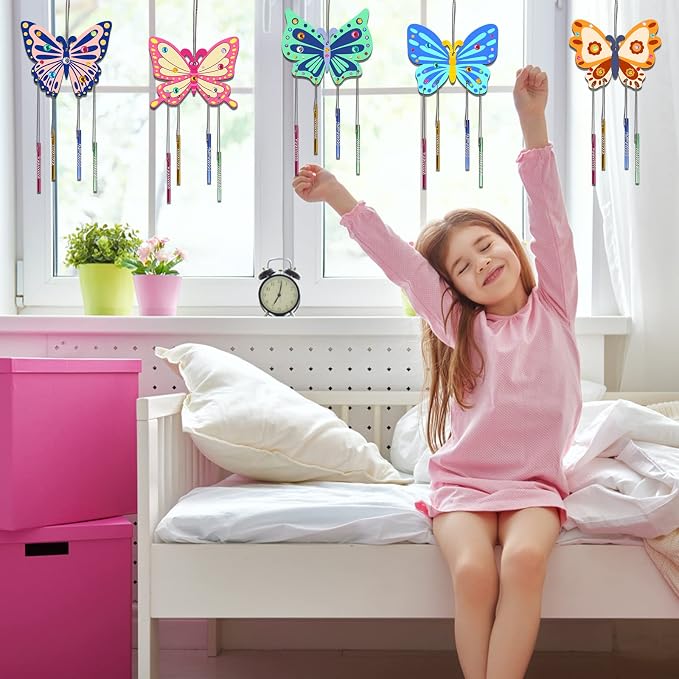 Fennoral 8 Pack Butterfly Wind Chime Kits for Kids | Make Your Own Butterfly Wooden Arts and Crafts DIY to Paint Butterfly Craft for Summer Art Activity Birthday Gift Decoration
