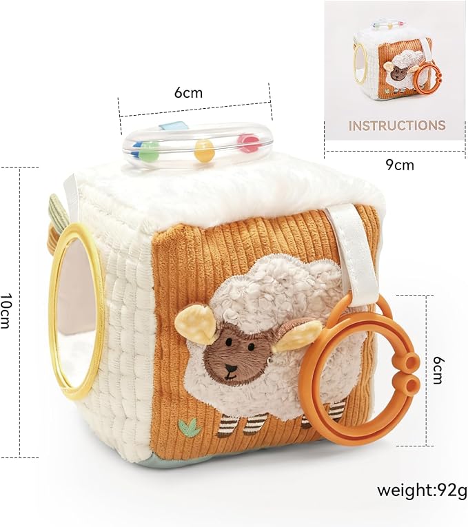 let's make Farm Baby Sensory Cube for Infants 0-12 Months — Soft Activity Block with Bead Rattle & Baby-Safe Mirror | Tummy Time Toy Gift for Boys Girls, Machine Washable