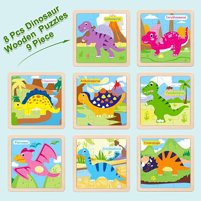 Wooden Puzzles for Toddlers 3+, 9 Pieces Dinosaur Jigsaw Puzzles for Kids Ages 3-5, Preschool Learning Activities, Learning & Educational Toys, Gifts for Boys, Girls