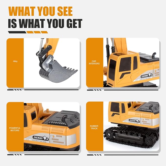 Remote Control Excavator Toys for Boys, RC Excavator Toy for Boys 3 4 5 6 7 8 Year Old Kids Christmas Birthday Gift，RC Digger Truck Construction Vehicles with Metal Shovel & Light