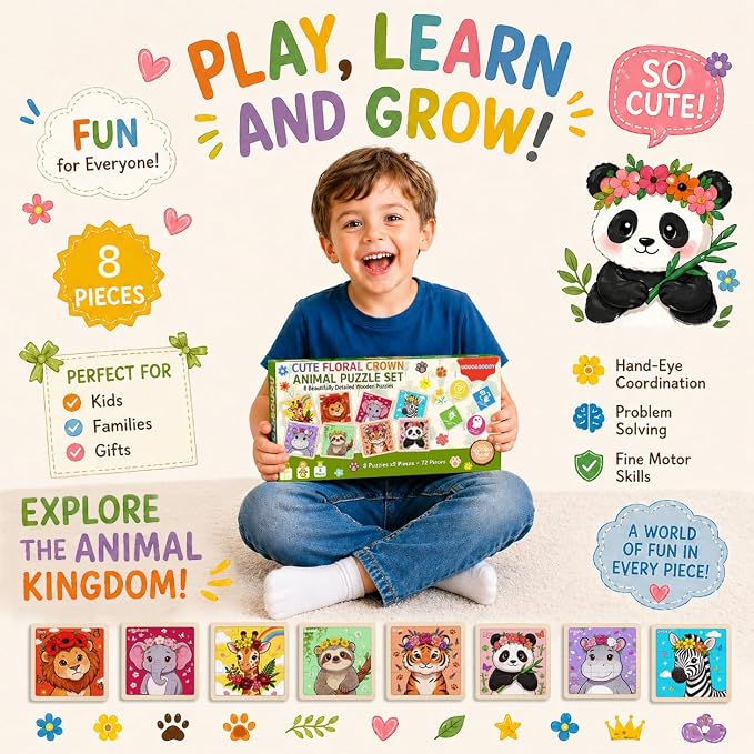 Wooden Jigsaw Puzzles for Kids Ages 3-5, 8-Pack 9-Piece Animal Puzzles Toy | Animal Wood Puzzles Set, Toddler Brain Teaser Toys, Gifts for Boys Girls Ages 3 4 5 6