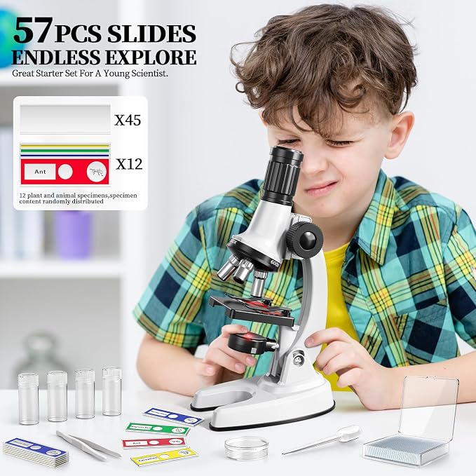 65Pcs Microscope Kit Toys 100X-1200X Magnification for Kids 3-13 | Microscope with 100X-1200X magnification, 7 colors light and 12 prepared slides, Christmas gift for kids science experiments