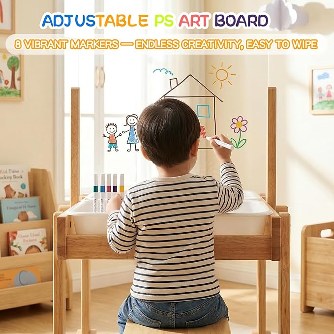 Sand and Water Table for Toddlers, Wooden Activity Sensory Table | Kid Outdoor Toys with Painting PS Board, 2 Collapsible Bins, Beach Accessories, 4 Washable Paint Crayons and Waterproof Cover