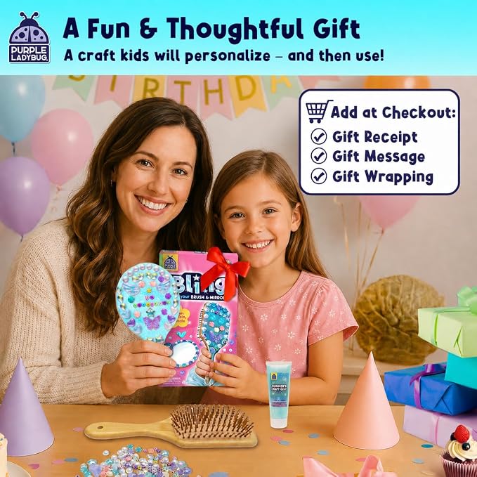 Decorate Your Own Wooden Hairbrush and Handheld Mirror Craft Kit | DIY Kits for Kids, Princess Mirror, Bedazzling Gems and Beads, Gift for Girls, Screen Free Activity for Girls Ages 6-12
