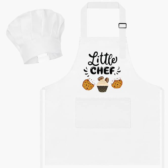 R HORSE 2 Pieces Kid Apron and Chef Hat Set, Dress up Pretend Play Toy | White Little Chef Adjustable Children Kitchen Apron Set, Ideal for Cooking, Baking, Painting, Training, Cooking Birthday Gift