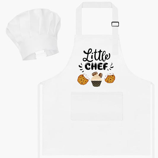 R HORSE 2 Pieces Kid Apron and Chef Hat Set, Dress up Pretend Play Toy | White Little Chef Adjustable Children Kitchen Apron Set, Ideal for Cooking, Baking, Painting, Training, Cooking Birthday Gift