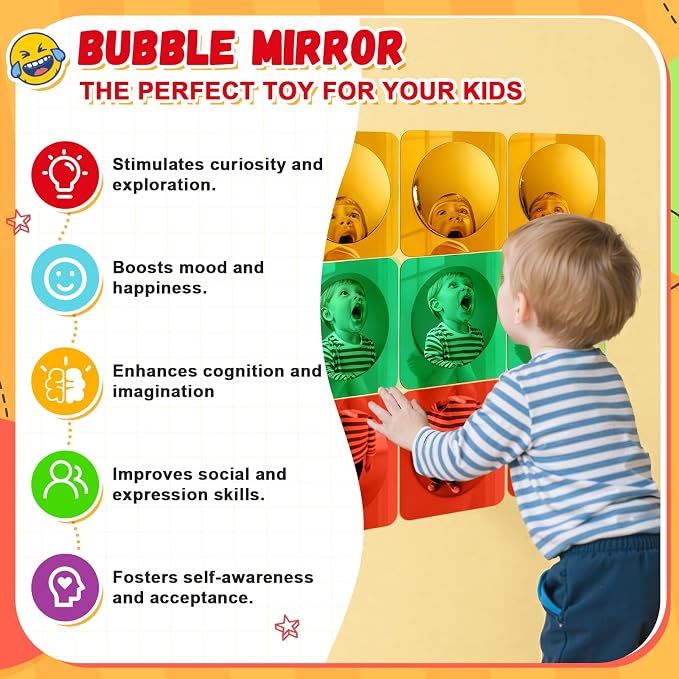 Geiserailie 9 Pcs Sensory Wall Bubble Mirrors, 6 x 6 Inch, CPC Certified | Colorful Acrylic Convex Mirrors, Sensory Room must haves, Classroom Learning Tool, Calming Corner, Preschool Daycare Activity