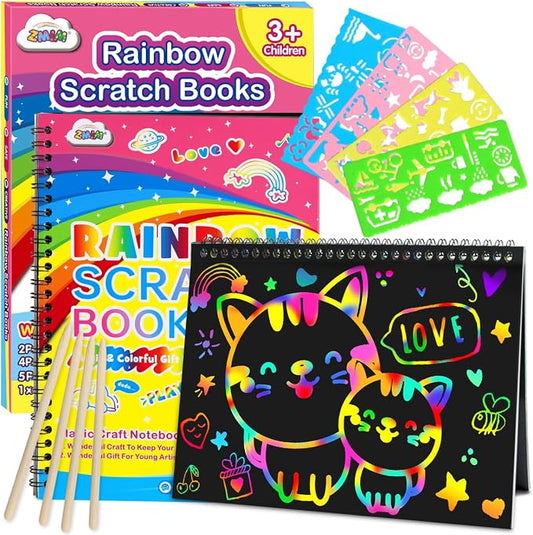 ZMLM Scratch Paper Art-Crafts Gift: 2 Pack Rainbow Notebooks Supplies Toys | Art Crafts for 3 4 5 6 7 8 9 10 11 12 Years Old Girls and Boys Kids Birthday Christmas Party Travel Games Activities
