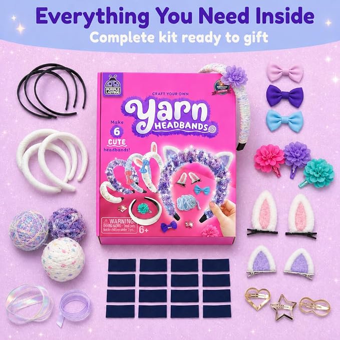 Wrap & Wear DIY Yarn Headband Making Kit, 7 Year Old Girl Birthday Gifts | Makes 6 Yarn Headbands for Girls Plus 3 DIY Metal Hair Clips, Mess-Free Headband Making Kit for Girls, Arts and Crafts for 6+