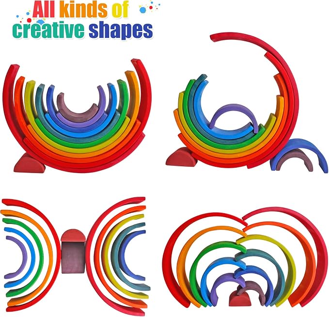Dinhon Wooden Rainbow Stacking Toys, 12 Pcs Wood Building Blocks Set Wooden Building Blocks Nesting Puzzles, Early Matching Educational Learning Montessori Toys for Kids 3 4 5 6 Years and Up