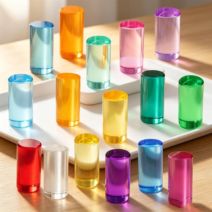 Rainbow Acrylic Blocks, 16 Stackable Cylinders for Kids Ages 3+ | 16 acrylic color blocks, 2 x 1 in, stackable, ages 3+, white paper box for gift wrap, preschool and light table use