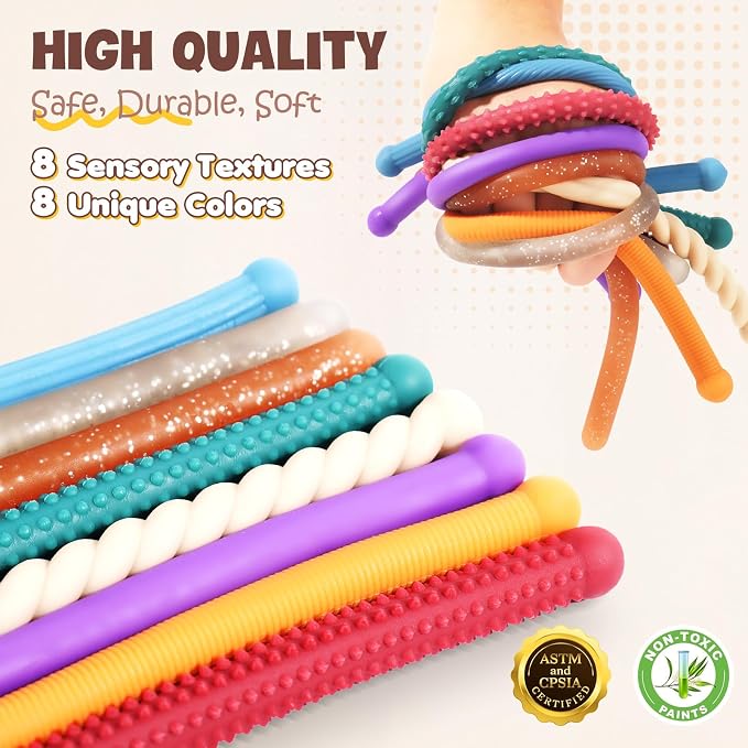 Fidget Sensory Autism Toys Kids - Textured Stretchy Strings for Adults ADHD Children Stress, Flexible & Durable Quiet Fidgets for Classroom Office,Travel Toys, Gifts for Boys Girls Teens