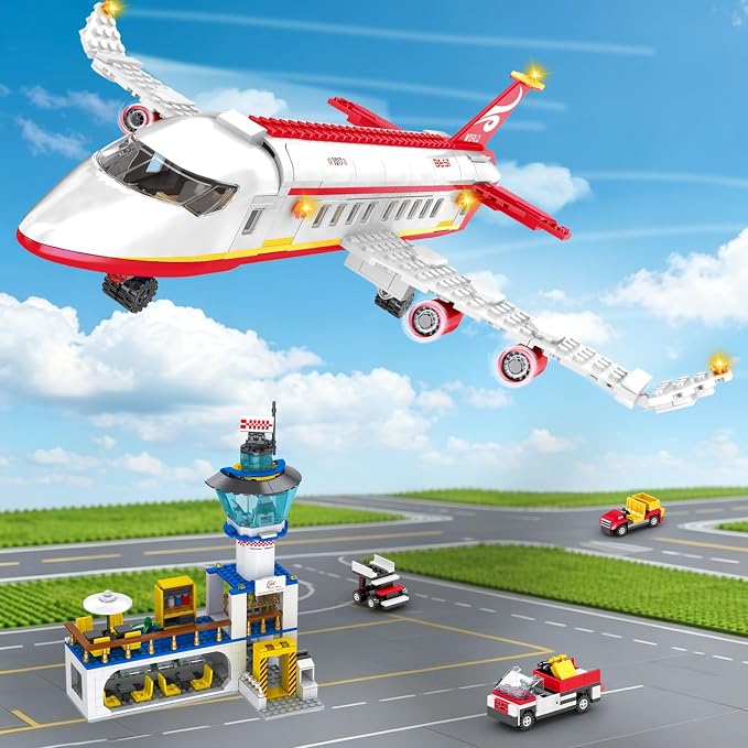 886 Pcs City Passenger Airplane Building Set | STEM 6 in 1 Airport Passenger Plane Building Block Toy with Terminal, Shuttle Bus,Luggage Cart, for Boys Girls Ages 6-12+