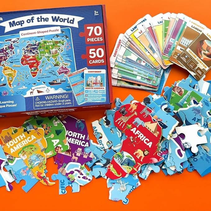 World Map Puzzles for Kids Ages 8-10 - 70 Pcs Jigsaw Kids Puzzles Ages 6-8 | 70 Pcs Floor World Puzzle for Kids Ages 8-12 - 50 Cards with 400+ Fun Facts - Continent Shaped Educational Gift for Ages 4-8