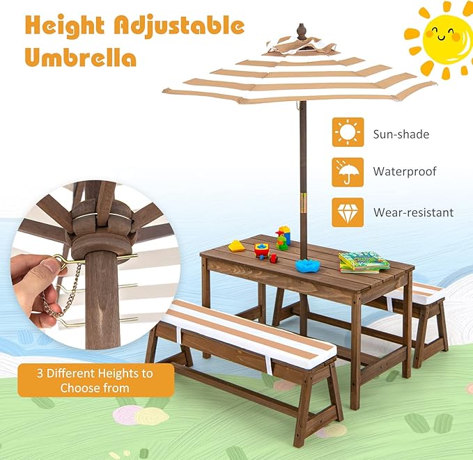 Costzon Kids Picnic Table, Toddler Wood Table & Chair Set w/Cushions, Height Adjustable Umbrella, Children Activity Table Outdoor Furniture Set for Patio, Garden, Backyard, Gift for Ages 3-8 (Coffee)