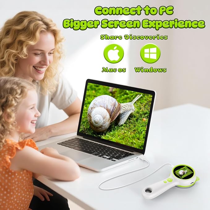 Kids Microscope Green Bear - Digital Handheld STEM Kit & 1080P Camera (600x Zoom) - Portable Science Toy for Nature Observation & Forest Hiking - Gift for Boys & Girls Age 5-12