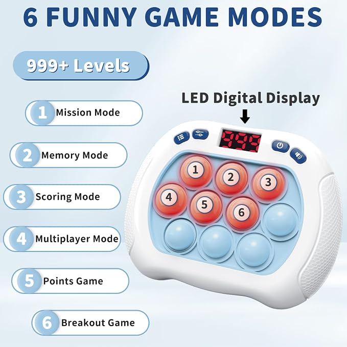 Intoypad Quick Push Pop Game Light Up Fidget Toy for Kids Lightblue | 6 Modes LED Screen Quick Push Pop Game Controller Electric Fidget Popper Game Bubble Game Birthday Gifts Toys for Kids Boys