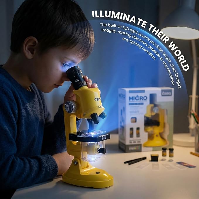 Little World Kids Microscope with LED Light - 100X/400X/1200X Magnification | Beginner science kit, includes prepared 12 slides, monocular view, educational STEM gift for ages 5-12, Yellow