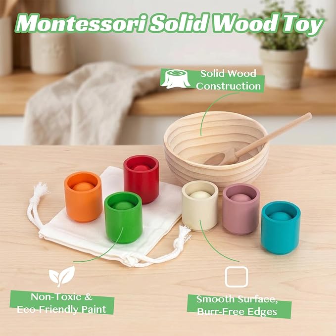 Rainbow Balls in Cups Toddler Montessori Toys for 3 Year Old Up | Kids Preschool Wooden Matching Games for Learning Color Sorting and Counting