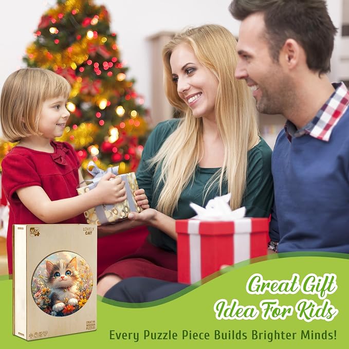 Animals Wooden Puzzles for Kids - Lovely Cat | 50 Piece Puzzles for Kids Ages 6-8, Kids Puzzles with Unique Animal Shapes, Round Gift for Girls and Boys (11.4 * 11.4 in)