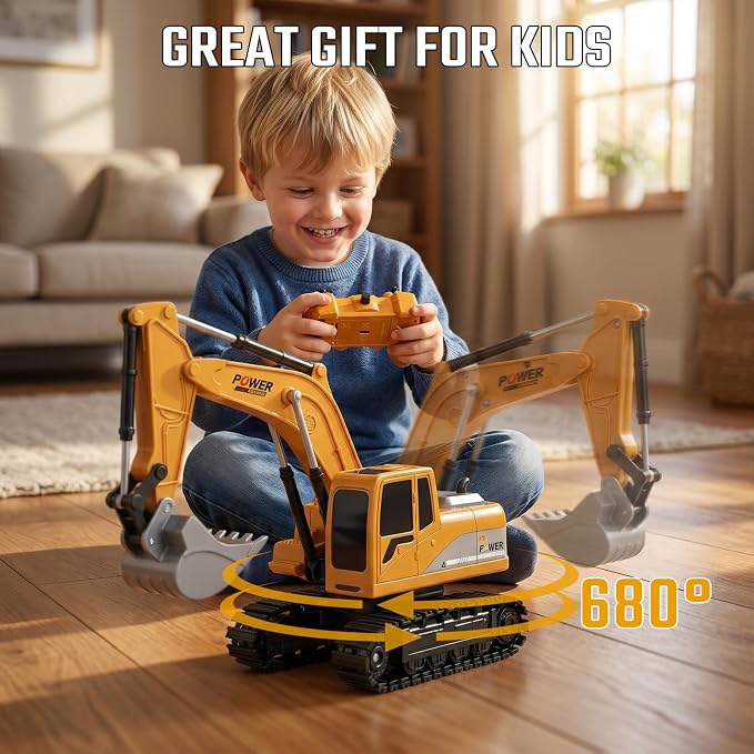 ID Gerilla Remote Control Excavator, RC Construction Toy | Metal Shovel Digger Excavator with 680° Rotation Digging Sand, Realistic Lights Sounds, Christmas Birthday Gift Toy for Boys