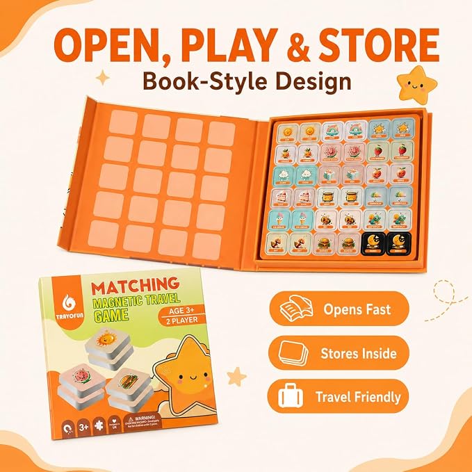 Travofun Magnetic Memory Matching Game | Travel Toys for Toddlers 3-5 | Book-style travel memory game with magnetic matching pieces builds focus and recall on car rides, flights, and quiet play.