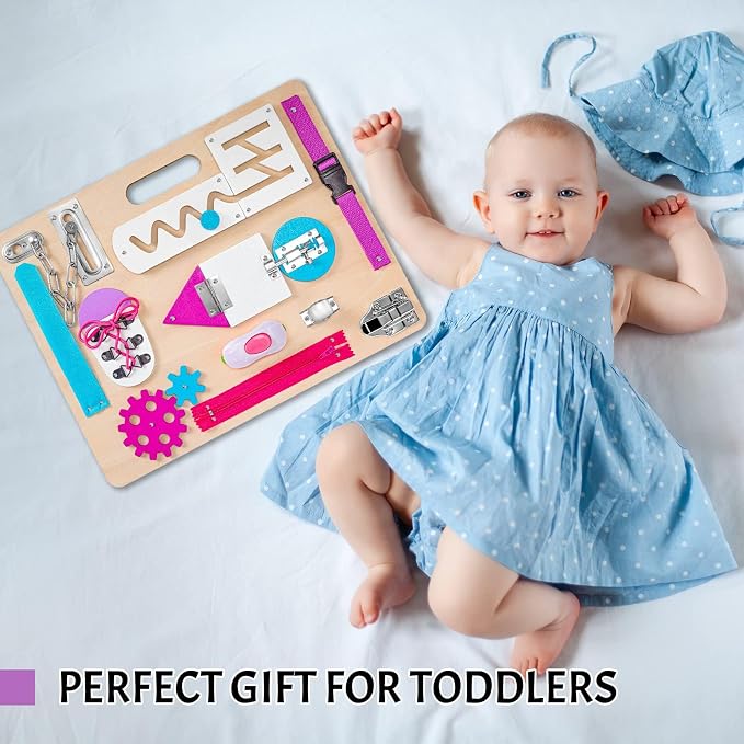 Toddlers Busy Board, Montessori Busy Board for Age 1, Wooden Sensory Toys | Preschool Learning Activities, Basic Life Skills, Fine Motor Skills, Educational Birthday Gifts for Kids Ages 1 2 3 4, Pink