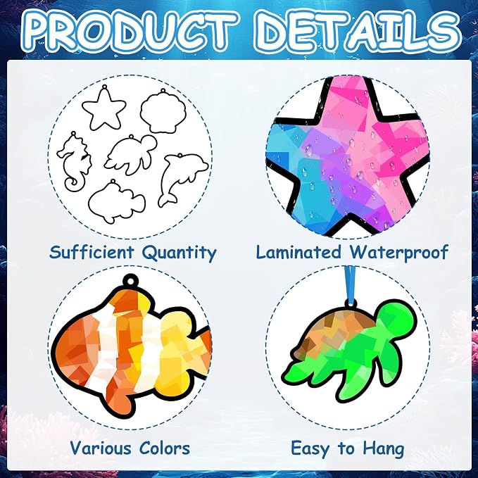 Qyeahkj 36 Set Sea Animals Suncatchers Craft for DIY Summer Tissue Paper Craft Kit Under the Sea Stained Glass Window Ornaments Decoration for Home Art Project Party Favor Gift