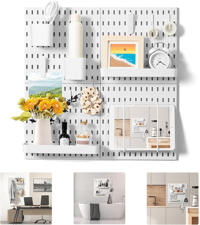 VUSIGN Pegboard Combination Wall Organizer Kit 22" x 22", White | 4 Pieces Pegboards and 17 Accessories, Wall Mount Display Peg board Panel Kits for Bedroom, Home, Office, Bathroom
