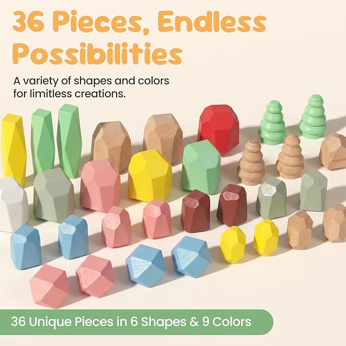 WOODENFUN Wooden Stacking Rocks Stones Building Blocks Sensory Toddler Toys | 36Pcs Montessori Toy Preschool Learning Activities Balancing Stacking Game, Birthday Gifts for Kids 3-5 Year Old