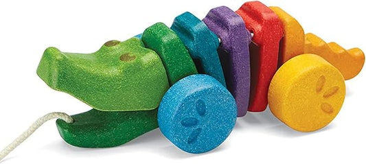 PlanToys® Rainbow Dancing Alligator Pull Toy for Toddlers | Eco-Friendly Wooden Toy with Click-Clack Sound | Walking Toy for Babies | click-clack sound, toddler pull toys, animal design, girls, boys, gross motor cause & effect learning gift idea for kids